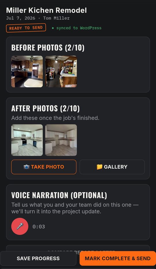 Recording a voice update in the JobStamp app