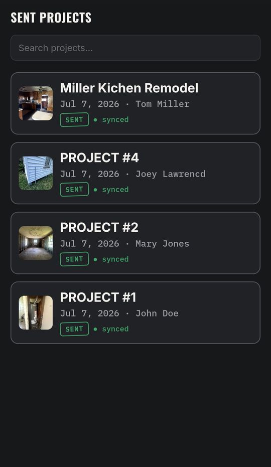 Sent projects list in the JobStamp app